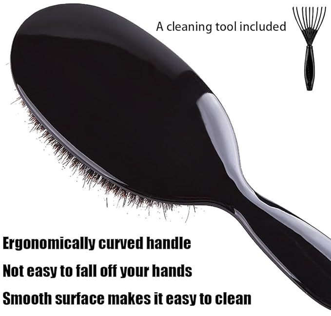 Boar Bristle Detangling Paddle Hair Brush for Curly Fine Wavy Hair, Anti-frizz Painless Detangler Brush Boar Nylon Mixed Bristle Styling Hairbrush for Women Men, Less Pulling and Hair Breakage