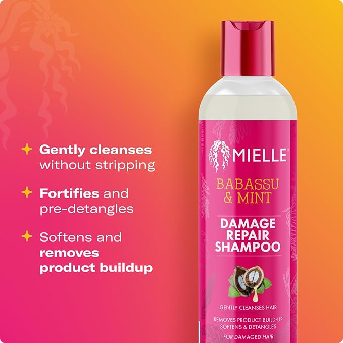 Mielle Organics Babassu & Mint Damage Repair Hair Shampoo - Hydrating Shampoo & Scalp Build-Up Remover - Gently Cleanses & Preps for Repair (8 fl oz)