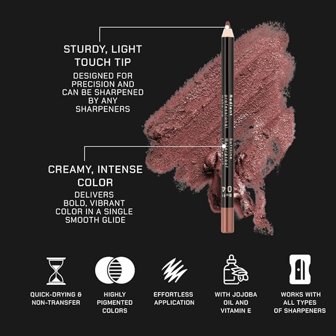 Radiant Professional Waterproof Lip Liner Pencil – Long Lasting, Creamy & Highly Pigmented Lipliner with Vitamin E & Jojoba Oil – Smudge-Proof, Smooth Lip Contour, 1.20 g (27 RUBY)