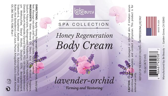 BeBeauty Lavender Orchid Honey Regeneration Body Cream Hydrating & Nourishing Body Lotion for Smooth, Soft, Revitalized Skin 16 oz