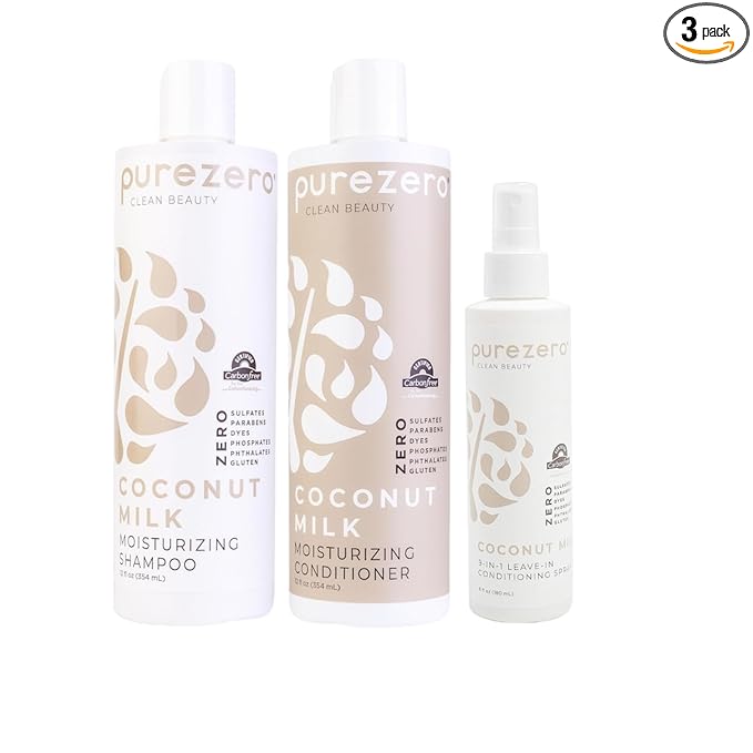 Purezero Coconut Milk BUNDLE [12oz Shampoo + Conditioner + 6 oz 9-in-1 Leave-in Conditioner] - Intense Hydration & Increased Shine