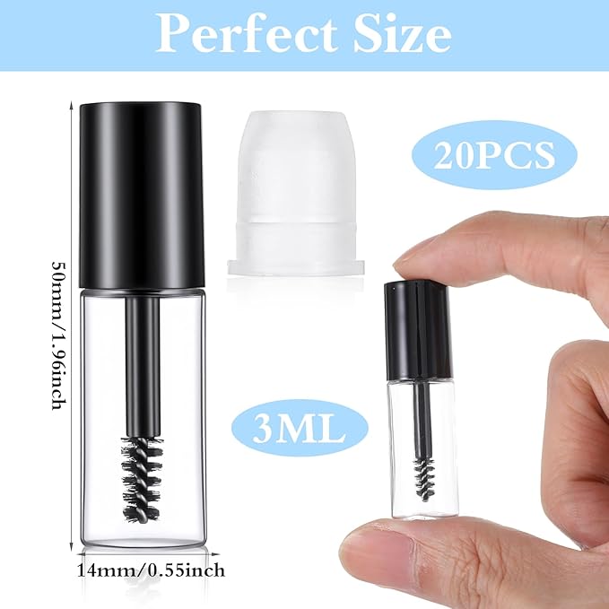 Nogeqi 20PCS Empty Mascara Tube 3ml Mini Empty Mascara Tube and Wand Glass for Castor Oil Small Sample Size Eyelash Growth Packing Tubes Container with Eyelash Wand Home and Travel