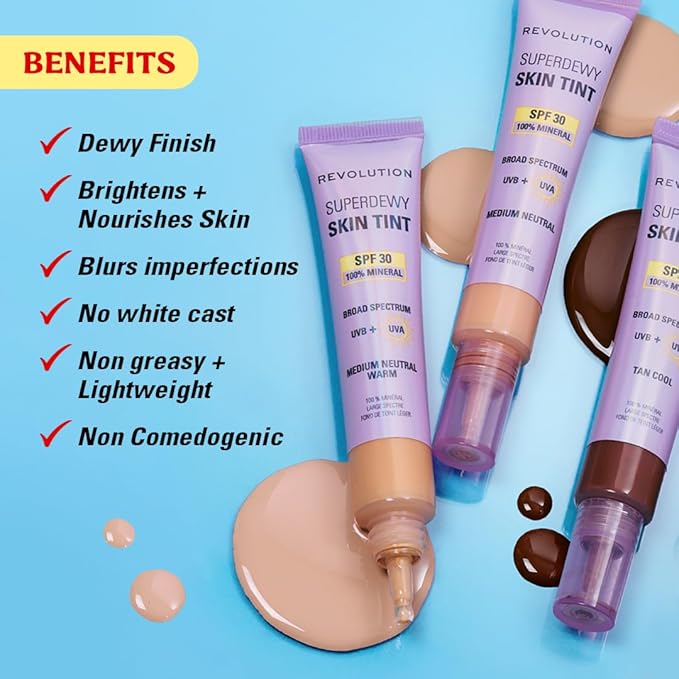 Revolution Superdewy SPF 30 Skin Tint, Tinted Mineral Face Foundation, Buildable Coverage for Facial Glow, 12% Zinc Oxide, Vegan & Cruelty-Free, Medium Neutral Warm