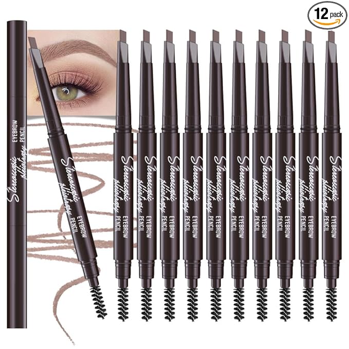 12 Pcs Ultimate Eyebrow Retractable Definer Pencils,Dual-Sided Natural Soft Textured Eyebrow Pencil, for Daily Look Eyebrow Makeup,Brow Brush,Fine Tip (12Pcs-Light Brown-Retractable Triangle)