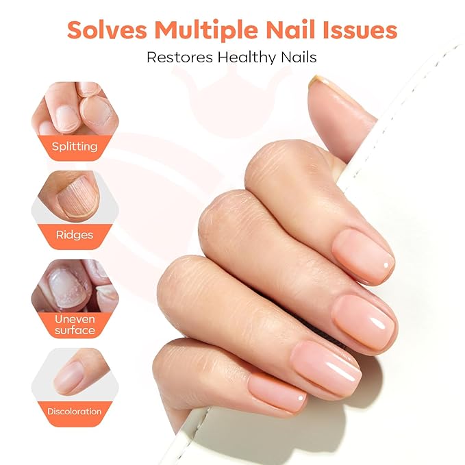 modelones Nail Strengthener and Growth, Nude Apricot Nail Polish No Harsh Smell Repair for Damaged Thin Nails Hardener Extra Strong Treatment for Women Nail Care Natural Ridge Filler Concealer 15 ML