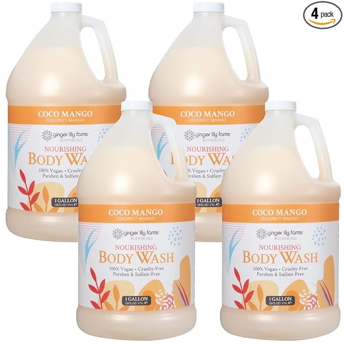 Ginger Lily Farms Botanicals Nourishing Body Wash, 100% Vegan & Cruelty-Free, Coconut Mango Scent, 1 Gallon Refill 128 Ounce (Pack of 4)