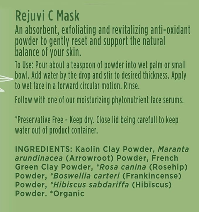 Ora's Amazing Herbal Rejuvi C Mask, Powder Mask, Detoxifying Face Powder, French Green Clay, Exfoliating Rosehip Seed Hibiscus with Vitamin C and Frankincense for Acne, Maskne