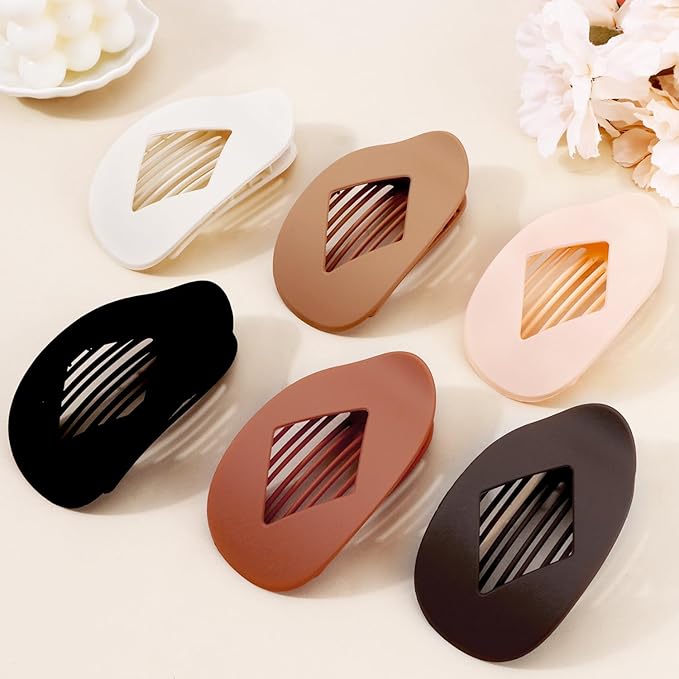 Atoden Large Flat Round Hair Clips Oval Claw Clips for Thick Medium Thin Hair 6Pcs Non Slip Strong Hold Barrettes Duckbill Accessories for Women Girls Matte Solid Neutral Color