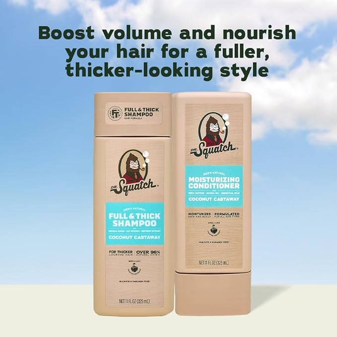 Dr. Squatch Full + Thick Men's Shampoo and Conditioner Set - For Fuller, Thicker-Looking Hair - Natural Shampoo and Conditioner for Men - Coconut Castaway (11 fl oz, 2-Pack)