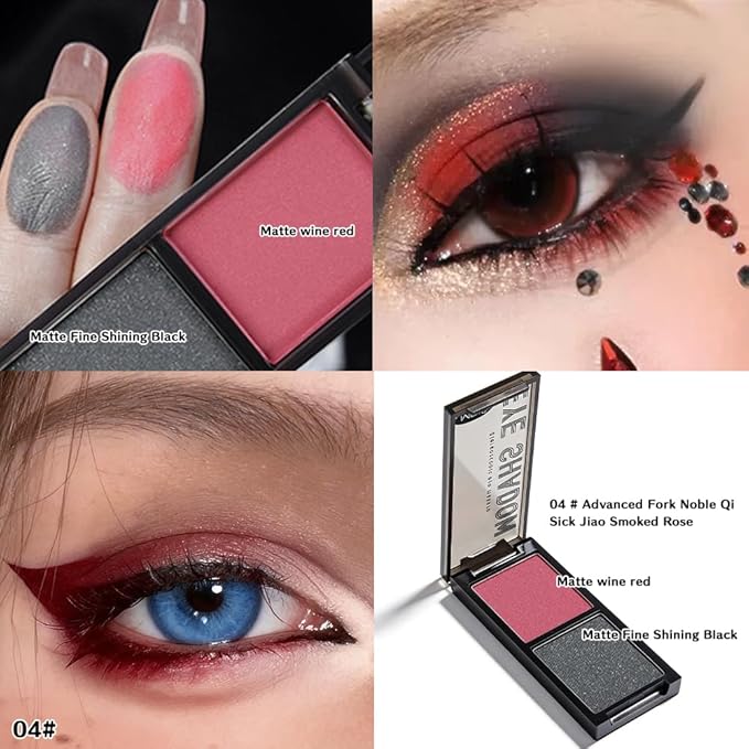 Wine Red Matte & Charcoal Black Shimmer Duo Eyeshadow Palette, 2 Color Burgundy Smokey Eye Shadow, Smooth Blendable Long Lasting Mini Travel Eyeshadow Palette for Glam Party Looks 4#