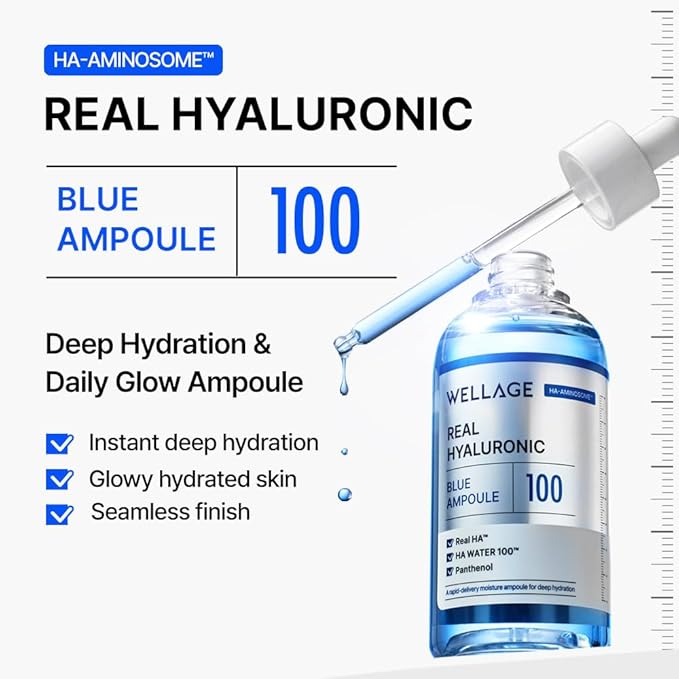 WELLAGE Real Hyaluronic Blue Ampoule 100, Korean Skincare, Fragrance Free Hyaluronic Acid Serum with Panthenol, Wild yam, Centella for Sensitive Dry Skin Moisturizer 1.01 fl.oz