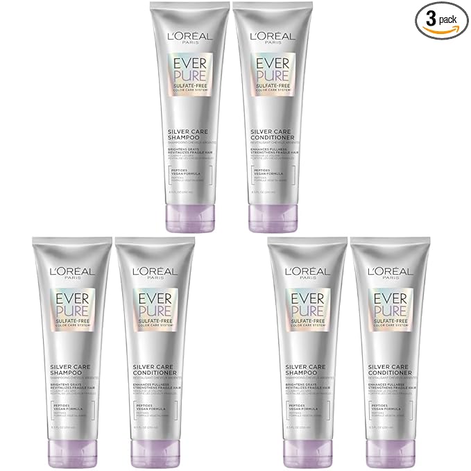 L'Oreal Paris EverPure Silver Care Sulfate Free Shampoo and Conditioner Set,Nourishing Vegan Formula with Peptides for Brightening Gray Hair,1 Kit,(Pack of 3)