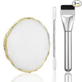 3PCS Resin Makeup Mixing Palette Set, Makeup Mixing Tray, Nail Polish Palette, Flat Foundation Brush and Spatula, DIY Gel Design Nails Eye Shadow Blending Art Tool Gold Edge