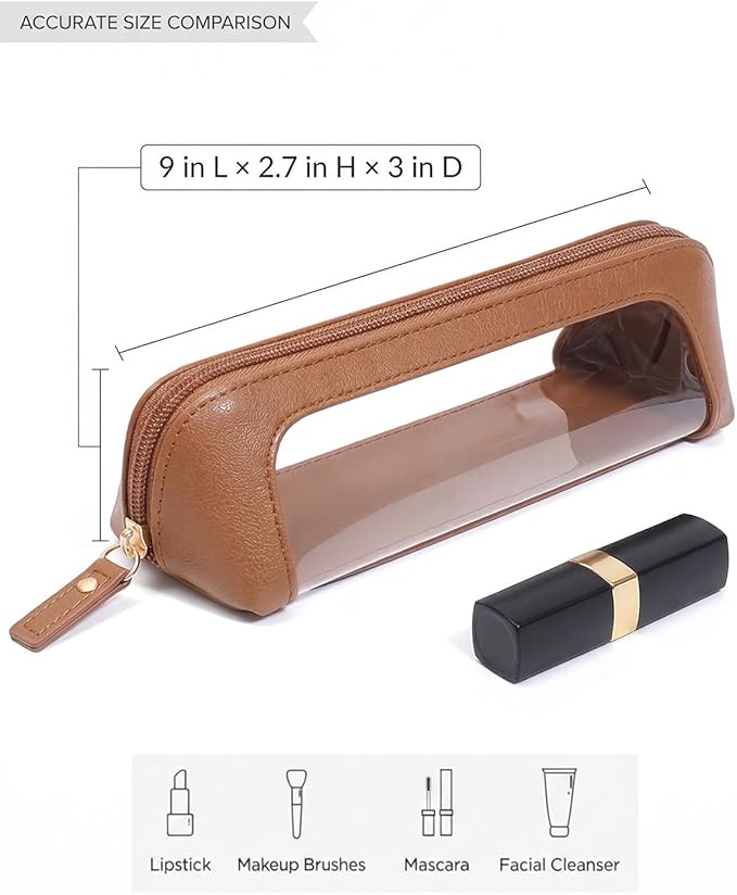 Clear Makeup Bag,PU Leather Mini Makeup Pouch Portable Makeup Brush Case Transparent Waterproof Cosmetic Organizer Pouch with Zipper for Women Home Travel Office Car Organizer and Storage(Slim, Brown)