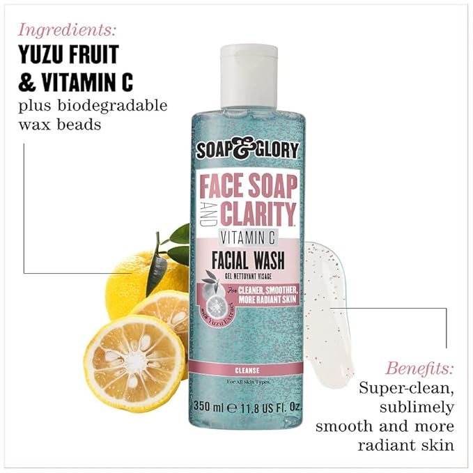 Soap & Glory Face Wash with Vitamin C - 3 in 1 Brightening Facial Cleanser, Makeup Remover & Face Exfoliator - Deeply Cleanses, Purifies & Hydrates for Radiant, Smooth Skin (11.8 fl oz)