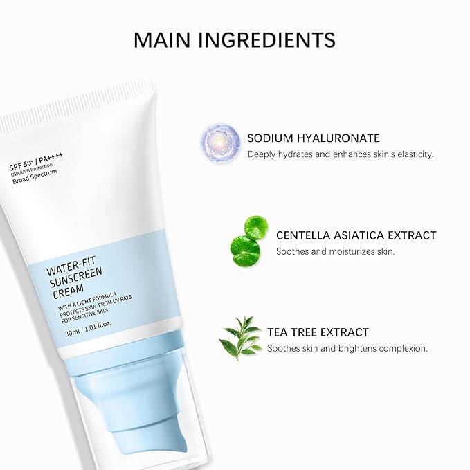 Water-Fit Sunscreen Cream SPF 50+ PA++++,Sunscreen Lotion for Face, Lightweight Daily UV/UVB Protection, Moisturizing Formula, Suitable for All Skin Types, 30ml