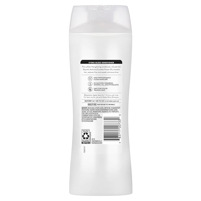 Suave Hydra Gloss Sulfate Free Conditioner with Glycolic Acid & Camellia Flower Oil for Hydrated, Smooth, Glossy Shine, 6 Count, 12.6 FL OZ