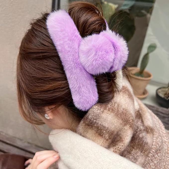 YOYLMAL Large Faux Fur Hair Claw Clip for Women, 5.1 Inches Winter Fluffy Fuzzy Hair Clips, Nonslip Strong Hold Furry Big Jaw Clamp for Thick Long Hair (Purple)