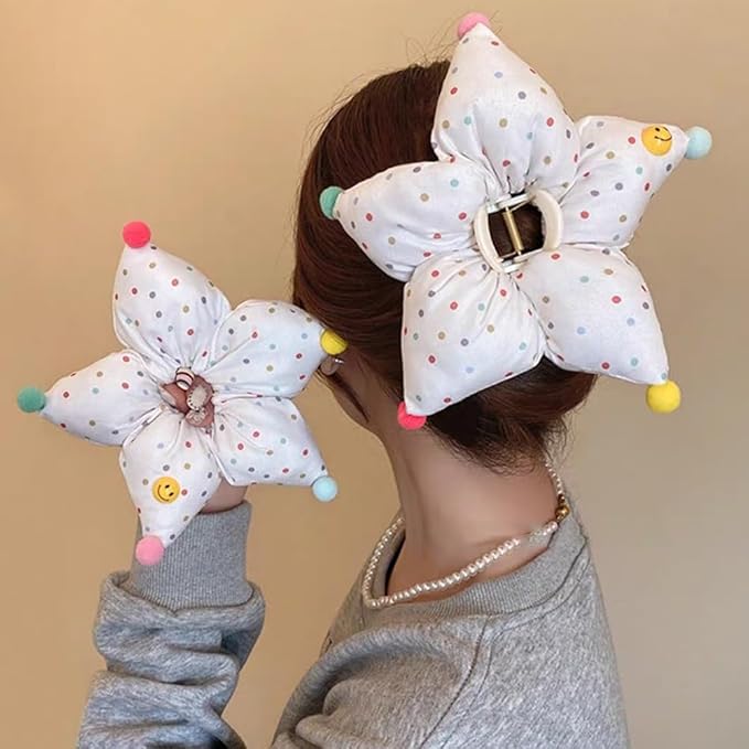Ouliget Large Fabric Flower Claw Clip,Cute Oversized Hair Clip for Girls Women,Creative Hair Ties Ponytail Decorative Headwear for Christmas Party Decoration (Polka Dot Star)