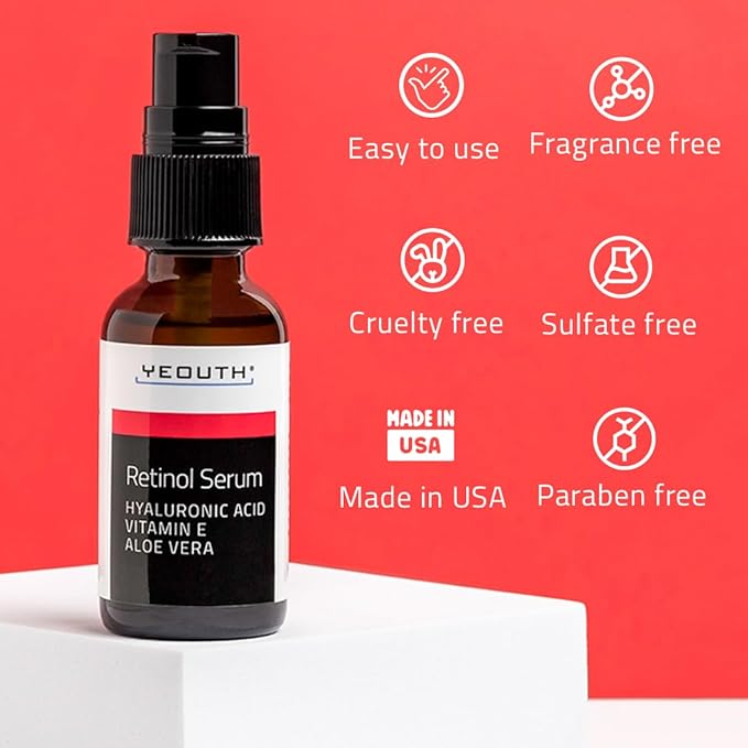 YEOUTH Retinol Serum for Face with Hyaluronic Acid, Vitamin E, and Aloe Vera, Retinol Skin Booster for Women and Men, Gentle Facial Skincare for Smoother-Looking Skin 2 oz