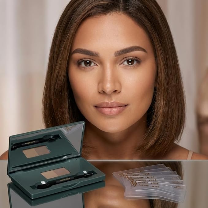 Marie-José Medium & Dark Brown Duo Brow Powder Kit – Waterproof Eyebrow Powder with 6 Reusable Stencils & Dual-Ended Brush, Long-Lasting Natural-Look Brow Makeup for Brunettes & Olive Skin Tones