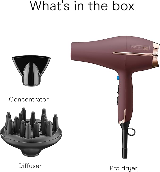 Infiniti PRO by CONAIR Hair Dryer, 1875W Blow Dryer with Diffuser and Concentrator Attachments, AC Motor with Ceramic Technology, 3 Heat & 2 Speed Settings, Plum