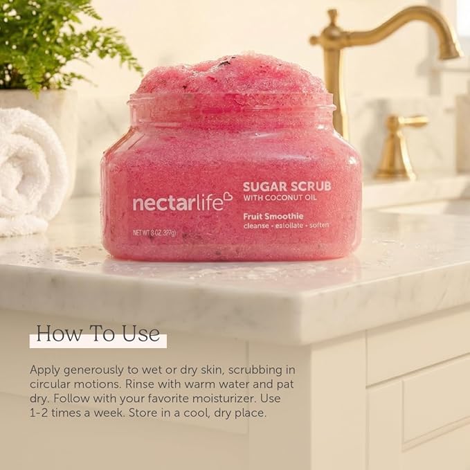 Nectar Life Exfoliating Sugar Scrub, Moisturizing Body Scrub with Coconut Oil & Shea Butter, Pre Shave Exfoliator (8 Ounce, Vanilla)
