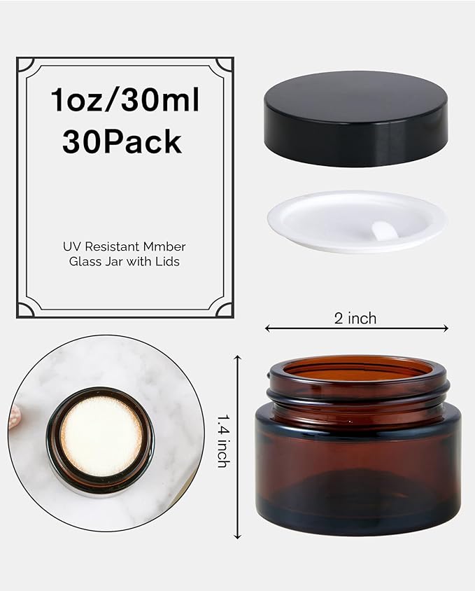 1oz Glass Jar with Lid, Hoa Kinh 30Pack Amber Round Containers Cosmetic Glass Jars with Inner Liners and Black Lids Travel Jars for Storing Lip and Body Scrub, Lotion, Body Butter, Bath Salts, Liquid