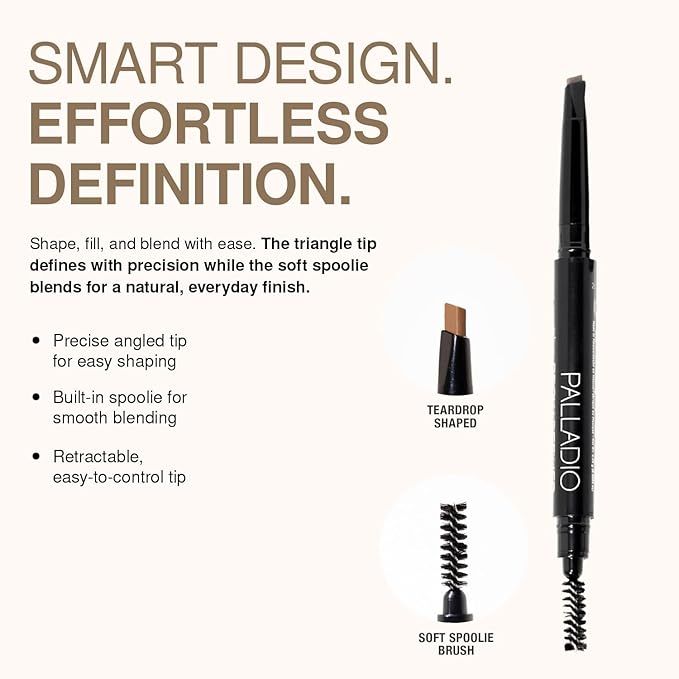 Palladio Brow Definer Retractable Pencil, Triangular Tip Fills Brows for a Natural Look, Tame and Shape Eyebrows with Spoolie Brush, Eyebrow Shaper, Buildable Light to Dark Colors, (Dark Brown)