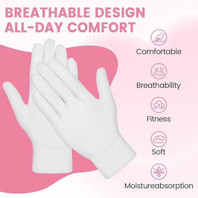 20 Pcs White Cotton Gloves for Dry Hands, Soft Overnight Moisturizing Gloves for Eczema & Dry Skin, Stretchable Lotion Spa Gloves for Men Women, Cotton Gloves for Coin Jewelry Silver Handling