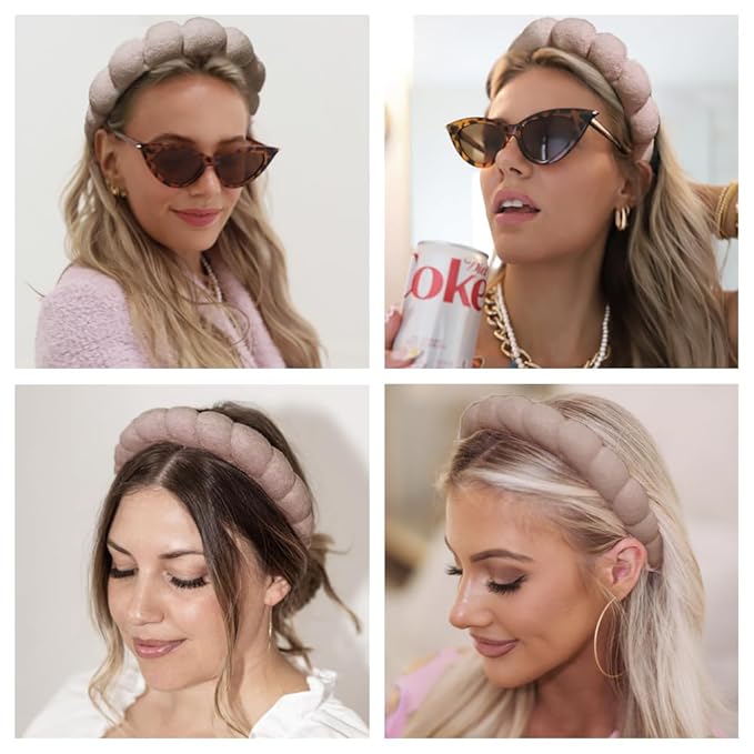 AOENJIE Spa Headbands for Washing Face or Makeup, Sponge Bubble Skincare Headbands, Puffy Terry Cloth Hairband for Women, Skin Care Makeup Headwear Hair Accessories for Girls (Coffee)