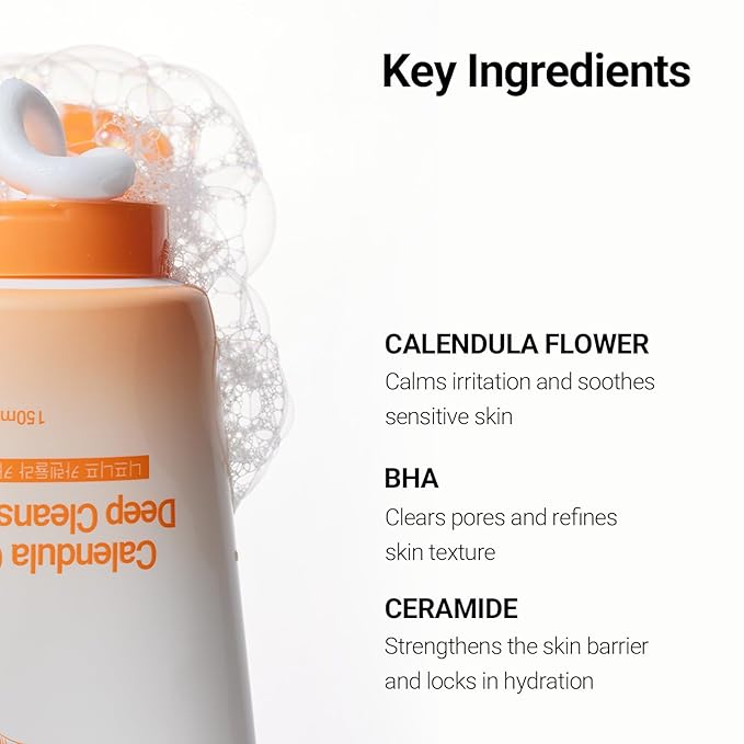 Calendula Calming Deep Cleansing Foam 150ml, A mild acne-clearing foam with calendula extract and BHA, gently removing impurities.