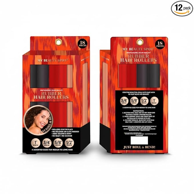 My Beauty Spot Flexi Rods Foam Hair Rollers 3/4" 5/8" and 1" Diameter Professional Salon Quality 12 Pcs Rubber Hair Rollers for Long, Medium and Short Hair (Multicolor)