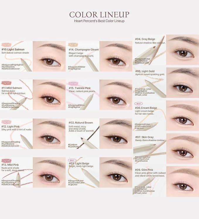 Heart Percent Dote On Mood Gel Eyeliner Pencil – Long-Lasting Waterproof Smudge Proof Smooth Retractable, Aegyo Sal Makeup, Under Eye Highlighter with Built-In Sharpener, #03. Light Beige