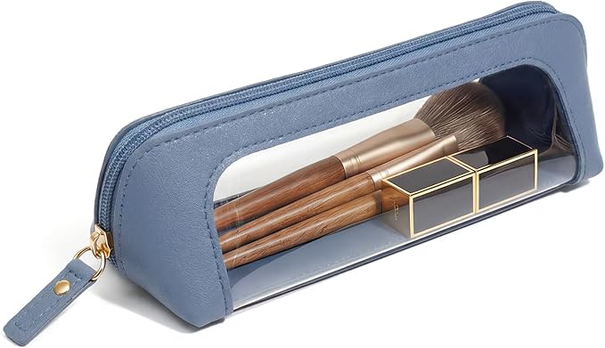 LETGO Clear Makeup Brush Bag Pouch, Waterproof PU Leather Portable Makeup Bag Holder with Transparent Window, Travel Lipstick Case Pouch Car Organizer and Storage (Slim, Blue)