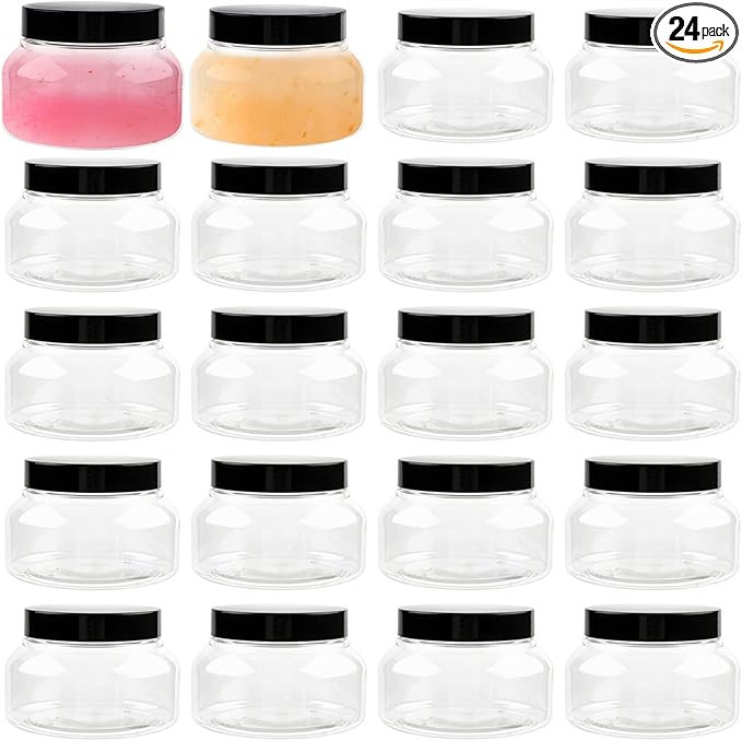TUZAZO 8 Oz Premium Plastic Tuscany Jars with Lids BPA Free, 24 Pack Empty Sugar Scrub Containers, Round Clear Cosmetic Containers for Body Butter, Lotion, Cream, Gel, Beauty Product