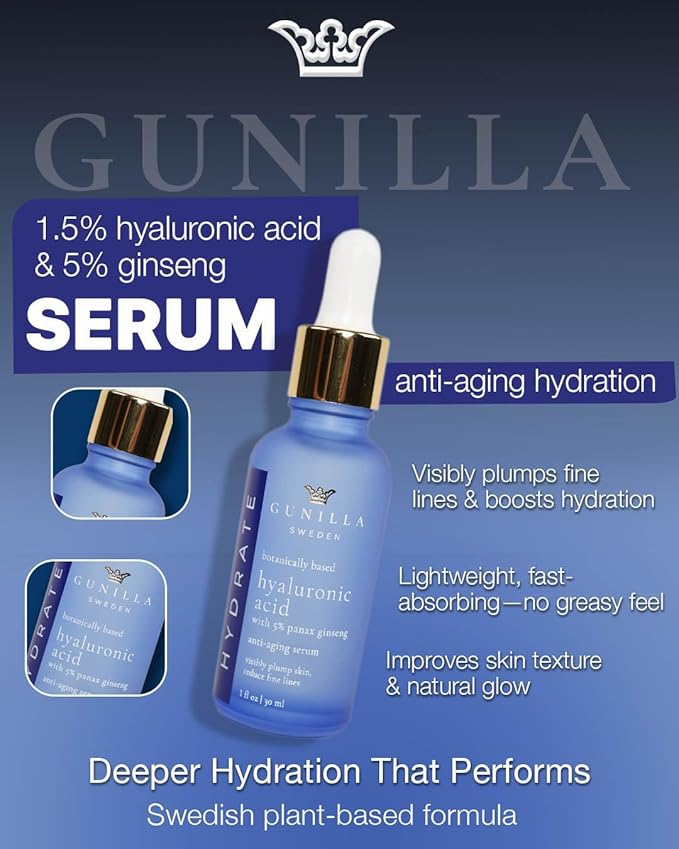 GUNILLA Hyaluronic Acid & Ginseng Serum: Vegan. Plant-Based Anti-Aging Serum, Plumping, Firming & Hydrating, Reduce the Appearance of Wrinkles. 14 Actives & Herbals. Natural. Oil-Free. 1 oz
