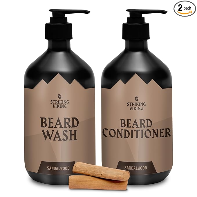 Striking Viking Beard Care Set (Sandalwood) - Paraben & Sulfate Free Shampoo with Jojoba Oil - Deep Clean for All Beard Types (10oz Per Bottle)