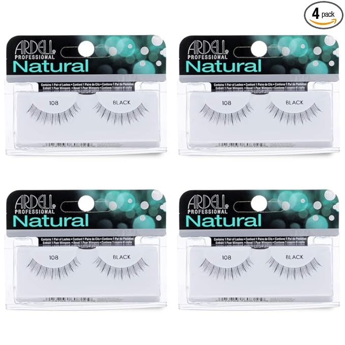 Ardell False Eyelashes 108 - Black, Lightweight, Reusable Strip Lashes for a Soft Natural Look, 4 Pack