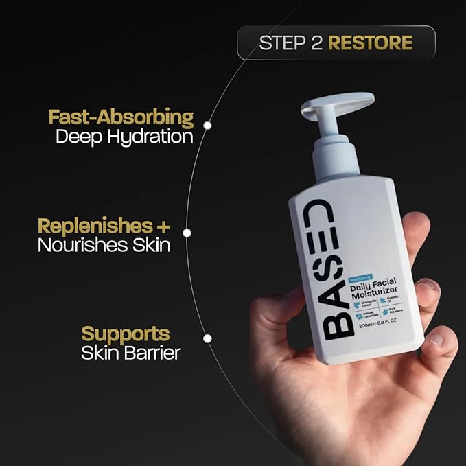BASED Men's Daily Face Moisturizer - Daily Facial Moisturizer with Squalane & Rosehip Oil - Helps Strengthen Skin Barrier - All Skin Types (6.8 Fl Oz Pack of 1)