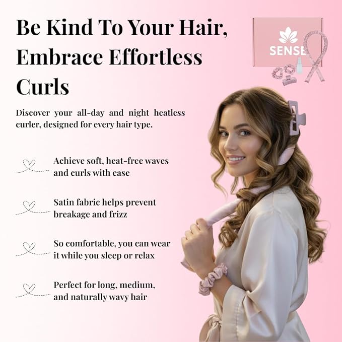 Heatless Curls Overnight Kit, 39" Satin Curling Rod – Frizz-Free No-Heat Waves for Long Hair, Comfortable to Sleep In, Includes 2 Scrunchies & Claw Clip (Lilac)
