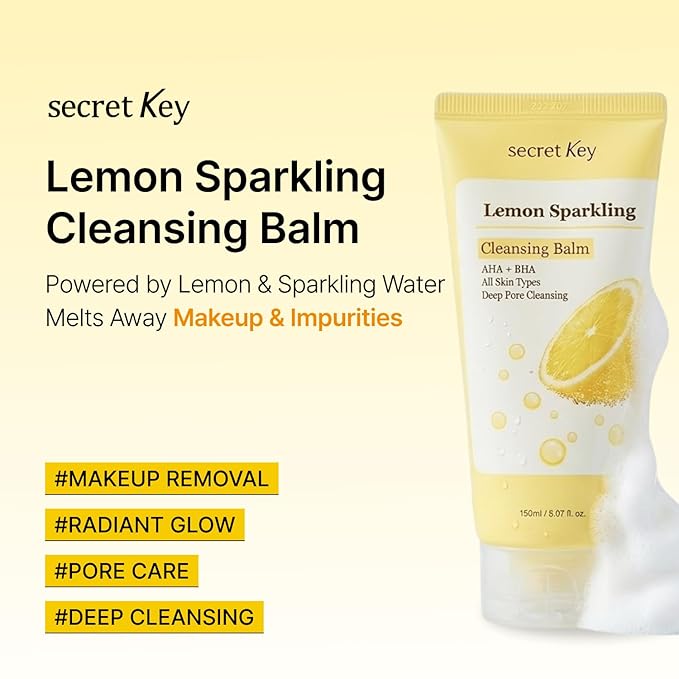 SECRETKEY Lemon Sparkling Cleansing Balm, Lemon Extract with AHA & BHA, Gentle Exfoliating and Hydrating Makeup Remover, Helps Cleanse Pores and Remove Impurities, Korean Skincare (5.07 fl oz / 150ml)