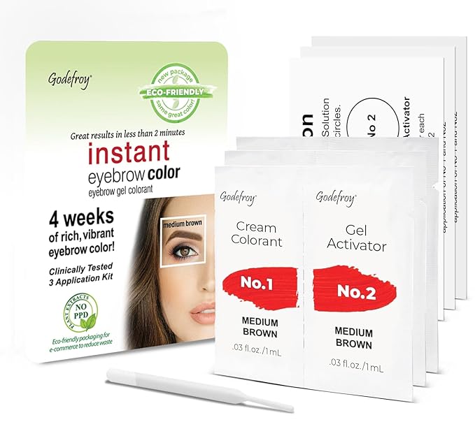 Godefroy Fast Acting Temporary Instant Brow Color, 3 Applications Per Package, Salon Quality Results, Medium Brown