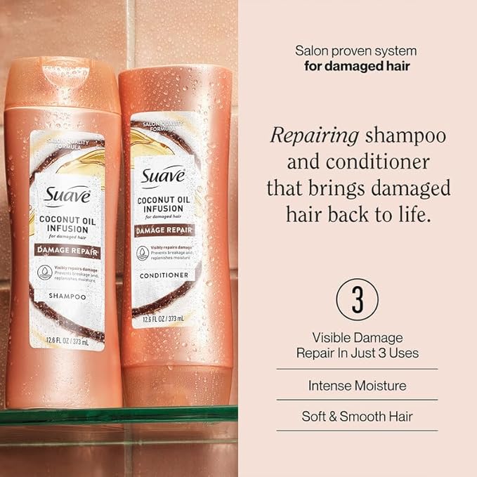 Suave Coconut Infusion Shampoo and Conditioner, Visible Damage Repair – Moisturizing Frizz Control Hair Products for Women & Men, 12.6 Oz Ea