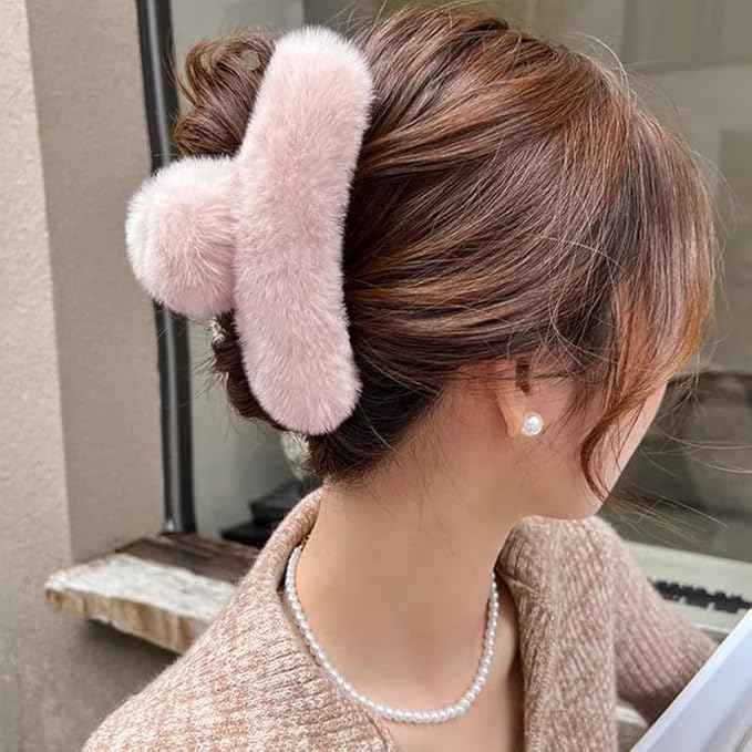 YOYLMAL Large Faux Fur Hair Claw Clip for Women, 5.1 Inches Winter Fluffy Fuzzy Hair Clips, Nonslip Strong Hold Furry Big Jaw Clamp for Thick Long Hair (Pink)