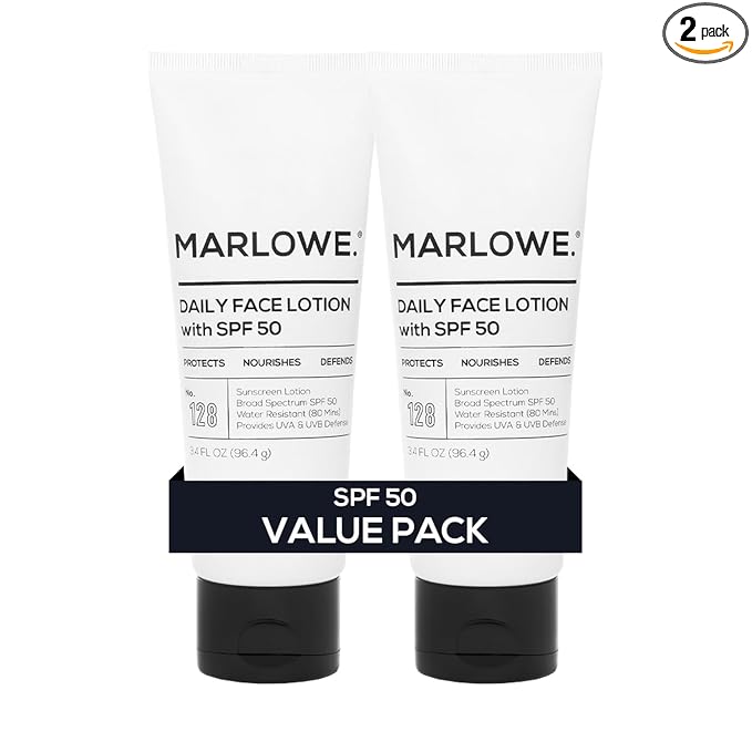 MARLOWE. Face Moisturizer with SPF 50, 3.4 oz, 2 Pack, Lightweight, Non-Greasy Daily Sunscreen Lotion to Protect, Hydrate & Nourish, Clean, Vegan Formula with Aloe Vera & Shea Butter, Fragrance Free