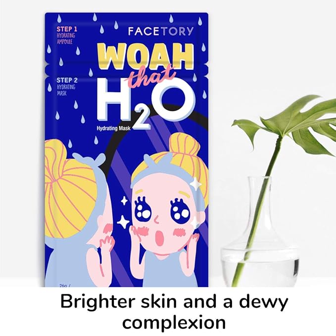 FACETORY K Beauty Face Mask Skin Care - Woah That H2O 2-Step Sheet Mask with Ceramide & Sodium Hyaluronate + Hydration Ampoule | Hydrating, Moisturizing, Balancing (10 Pack)
