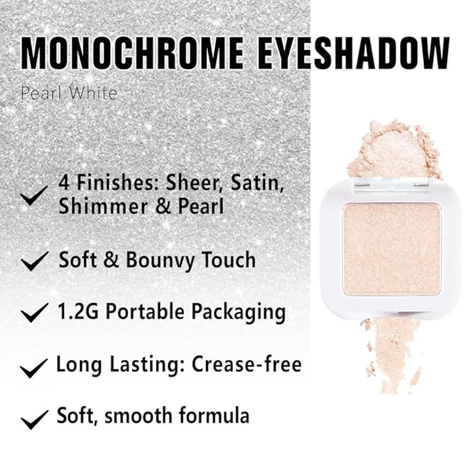 Glitter Shimmer Sparkle Eyeshadow Palette Makeup for Green Blue Eyes, Pearl White silver Glitter Shimmer Metallic Holographic Multichrome Cream Single Monochrome Iridescent Eye Shadow