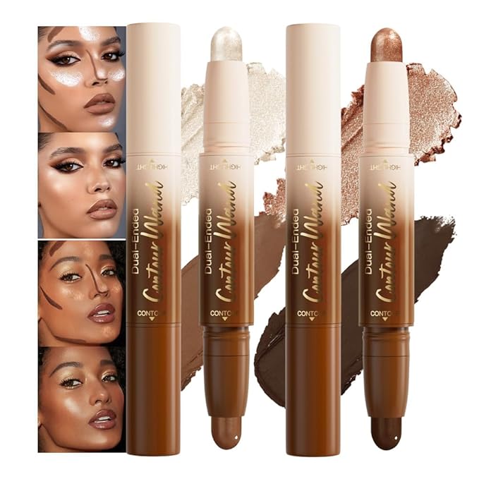2Pcs Dual Ended Contour Stick Set, 25# + 26# Cream Concealer Highlighter, Waterproof No Transfer Long-Lasting 2-in-1 Face Contour Bronzer Sticks for Daily Makeup