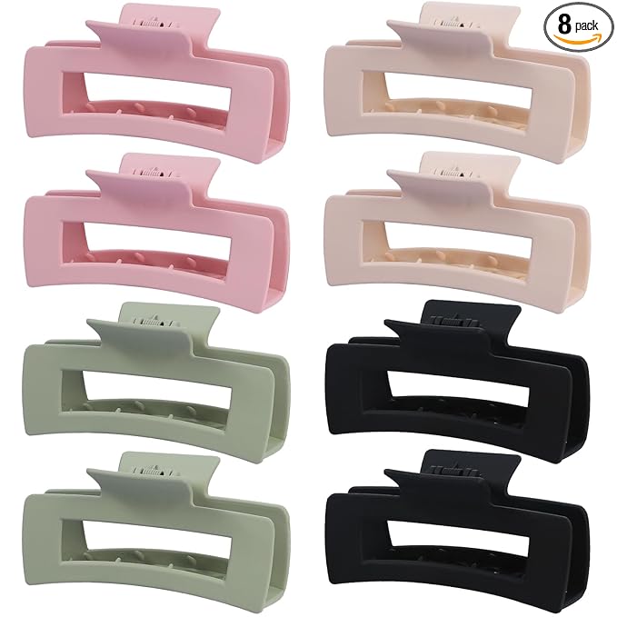 8 Pcs Large Hair Claw Clips 4.1 Inch Non-slip Big Square Matte Hair Claws for Women, Strong Hold Banana Clip for Thick Thin Hair(White/Green/Pink/Black)
